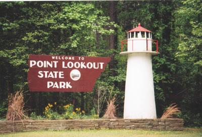 Welcome to Point Lookout State Park sign with lighthouse, Maryland